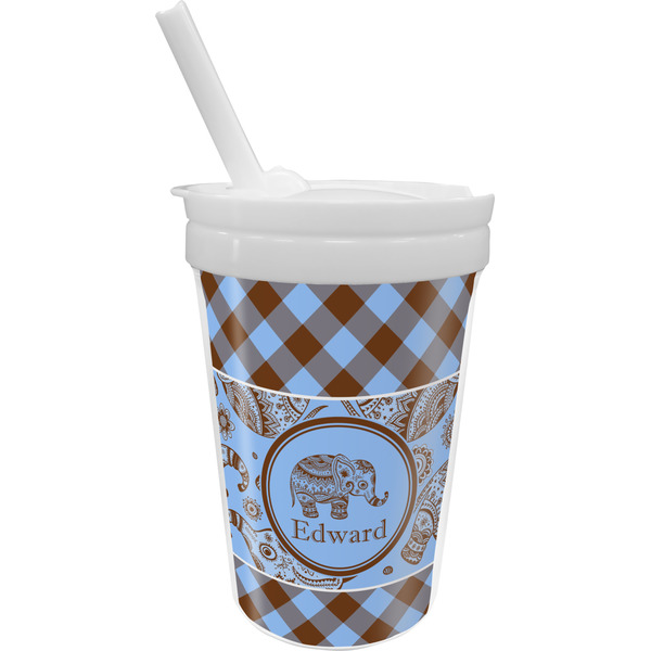 Custom Gingham & Elephants Sippy Cup with Straw (Personalized)