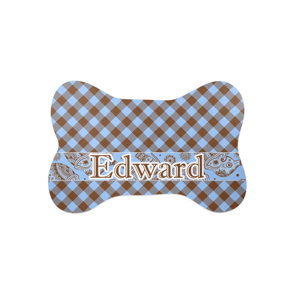 Custom Gingham & Elephants Bone Shaped Dog Food Mat (Small) (Personalized)