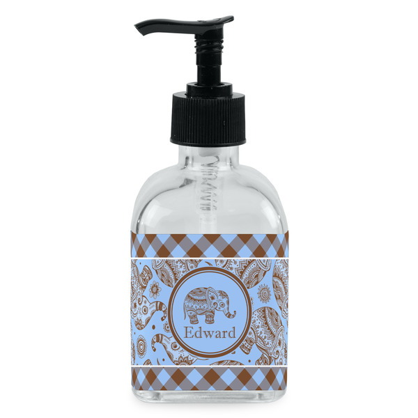 Custom Gingham & Elephants Glass Soap & Lotion Bottle - Single Bottle (Personalized)
