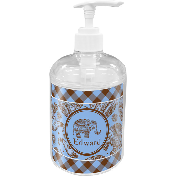 Custom Gingham & Elephants Acrylic Soap & Lotion Bottle (Personalized)