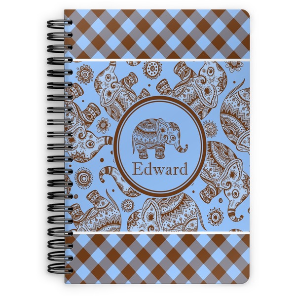 Custom Gingham & Elephants Spiral Notebook - 7x10 w/ Name or Text