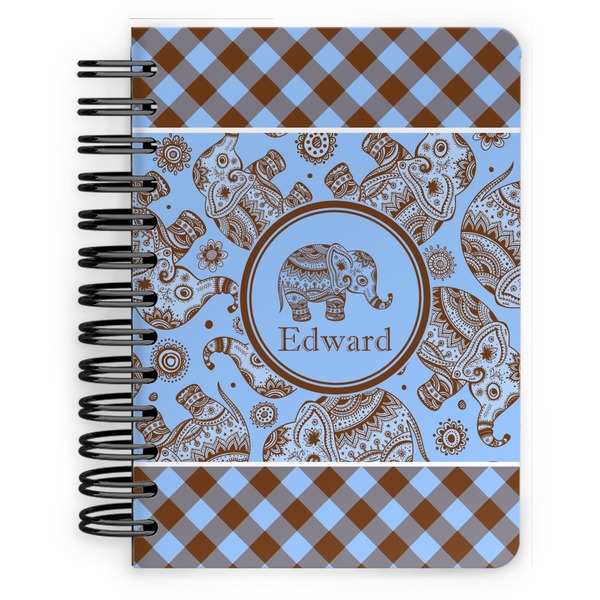 Custom Gingham & Elephants Spiral Notebook - 5x7 w/ Name or Text