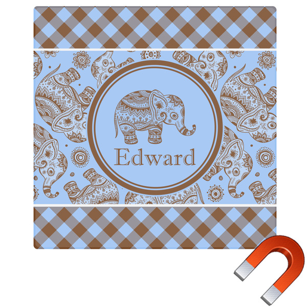 Custom Gingham & Elephants Square Car Magnet - 10" (Personalized)