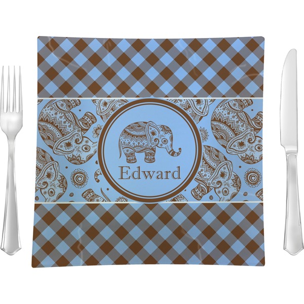 Custom Gingham & Elephants 9.5" Glass Square Lunch / Dinner Plate- Single or Set of 4 (Personalized)