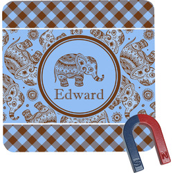 Gingham & Elephants Square Fridge Magnet (Personalized)