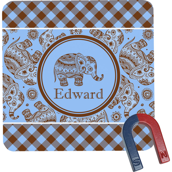 Custom Gingham & Elephants Square Fridge Magnet (Personalized)