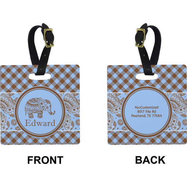 Gingham & Elephants Square Luggage Tag (Front + Back)