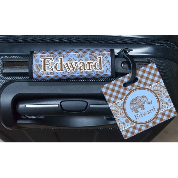 Gingham & Elephants Square Luggage Tag & Handle Wrap - In Context