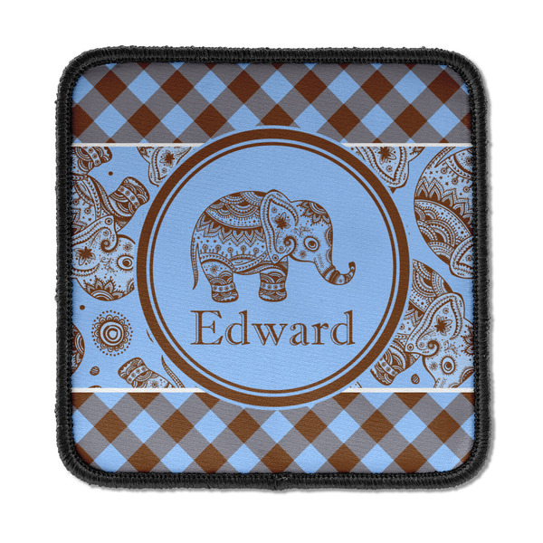 Custom Gingham & Elephants Iron On Square Patch w/ Name or Text
