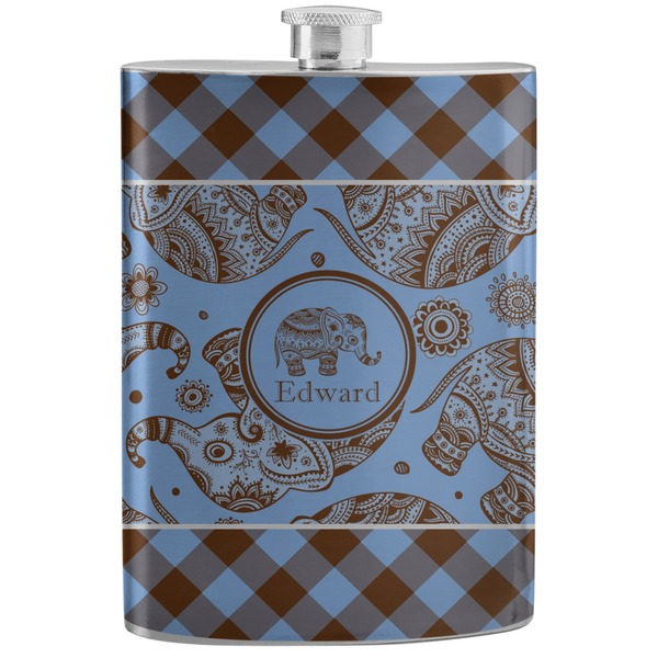 Custom Gingham & Elephants Stainless Steel Flask (Personalized)