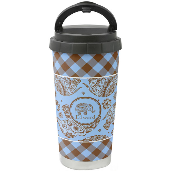 Custom Gingham & Elephants Stainless Steel Coffee Tumbler (Personalized)