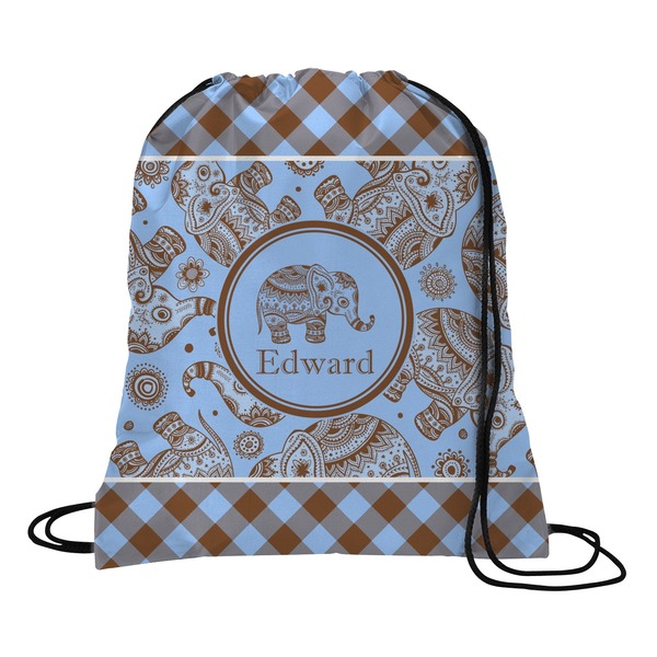 Custom Gingham & Elephants Drawstring Backpack - Large (Personalized)