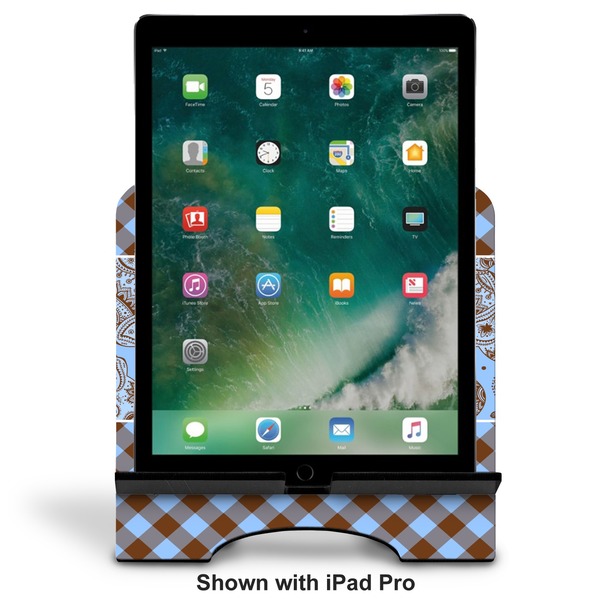 Gingham & Elephants Stylized Tablet Stand - Front with ipad