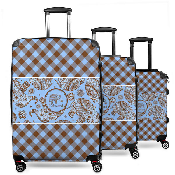Custom Gingham & Elephants 3 Piece Luggage Set - 20" Carry On, 24" Medium Checked, 28" Large Checked (Personalized)