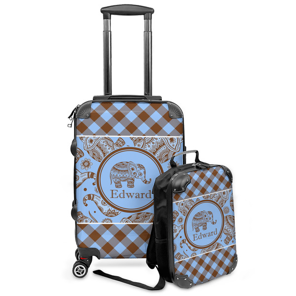 Custom Gingham & Elephants Kids 2-Piece Luggage Set - Suitcase & Backpack (Personalized)