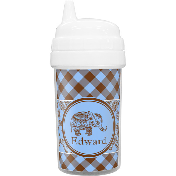 Custom Gingham & Elephants Toddler Sippy Cup (Personalized)