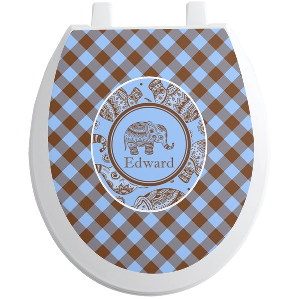 Custom Gingham & Elephants Toilet Seat Decal - Round (Personalized)