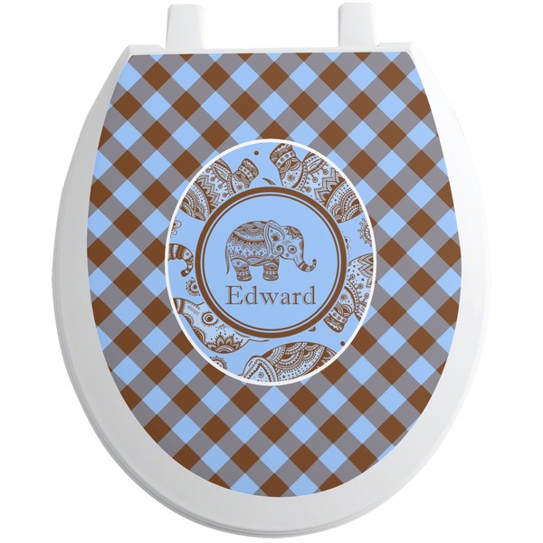 Custom Gingham & Elephants Toilet Seat Decal (Personalized)