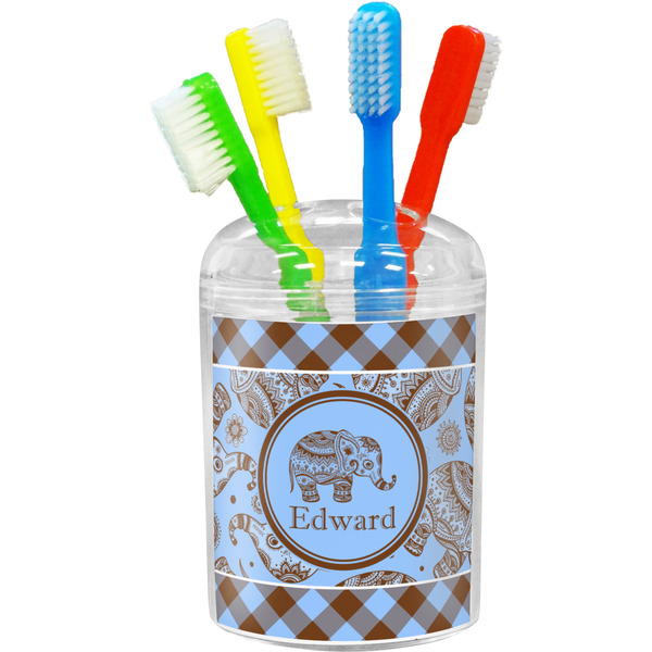 Custom Gingham & Elephants Toothbrush Holder (Personalized)