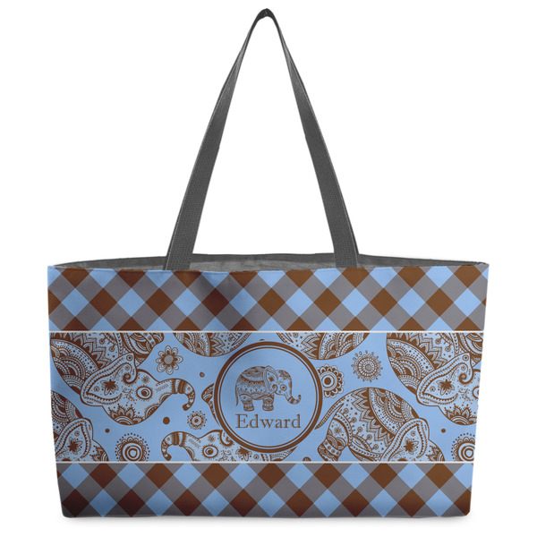 Custom Gingham & Elephants Beach Totes Bag - w/ Black Handles (Personalized)