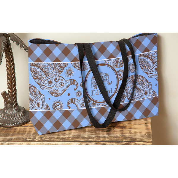 Gingham & Elephants Tote w/Black Handles - Lifestyle View