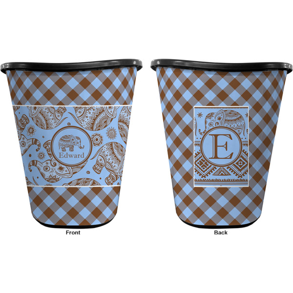 Gingham & Elephants Trash Can Black - Front and Back - Apvl