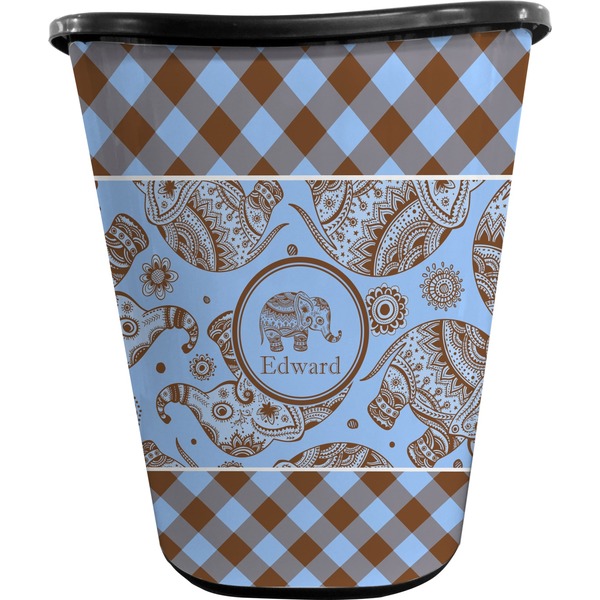 Custom Gingham & Elephants Waste Basket - Single Sided (Black) (Personalized)