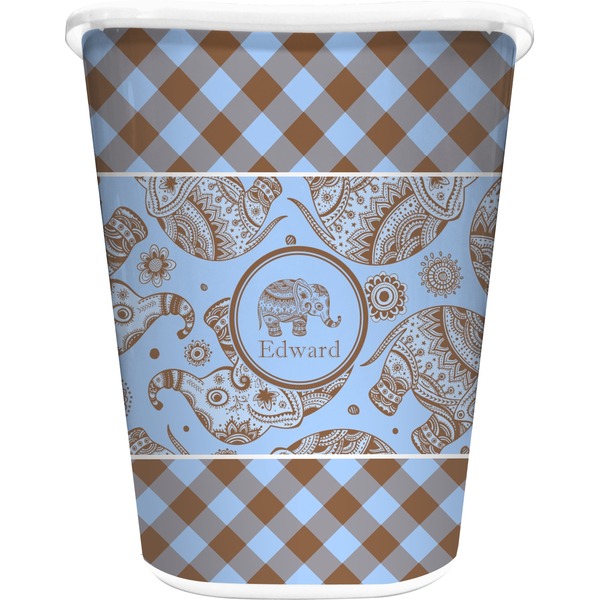Custom Gingham & Elephants Waste Basket - Double Sided (White) (Personalized)
