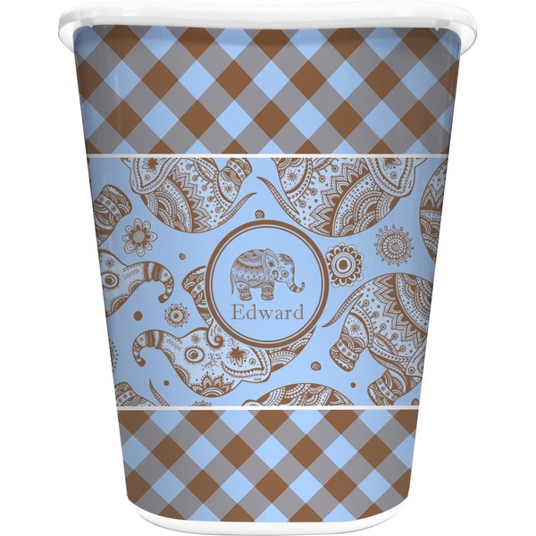 Custom Gingham & Elephants Waste Basket (Personalized)