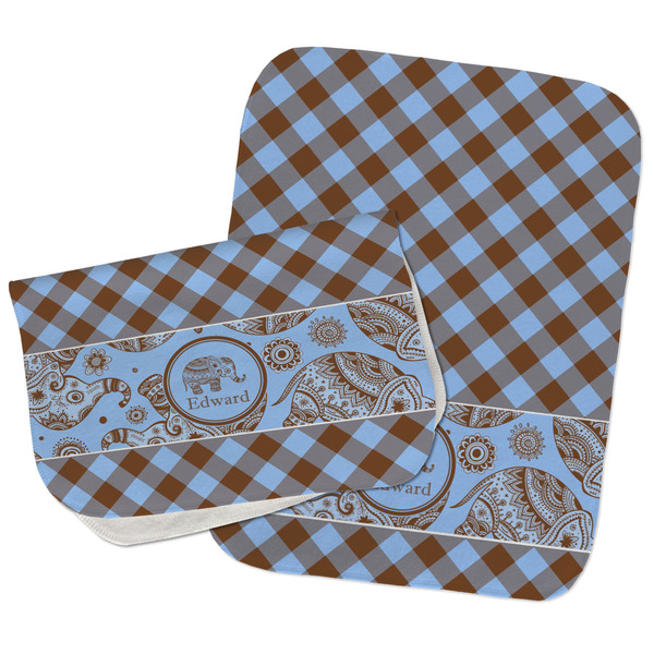 Gingham & Elephants Two Rectangle Burp Cloths - Open & Folded