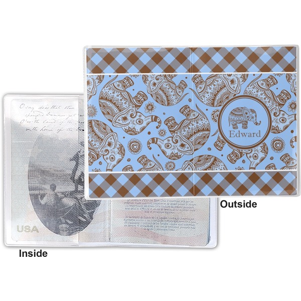Gingham & Elephants Vinyl Passport Holder - Flat Front and Back