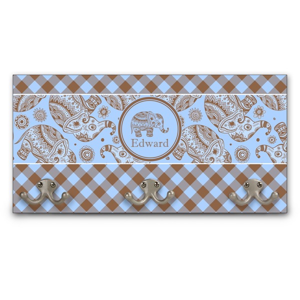 Custom Gingham & Elephants Wall Mounted Coat Rack (Personalized)