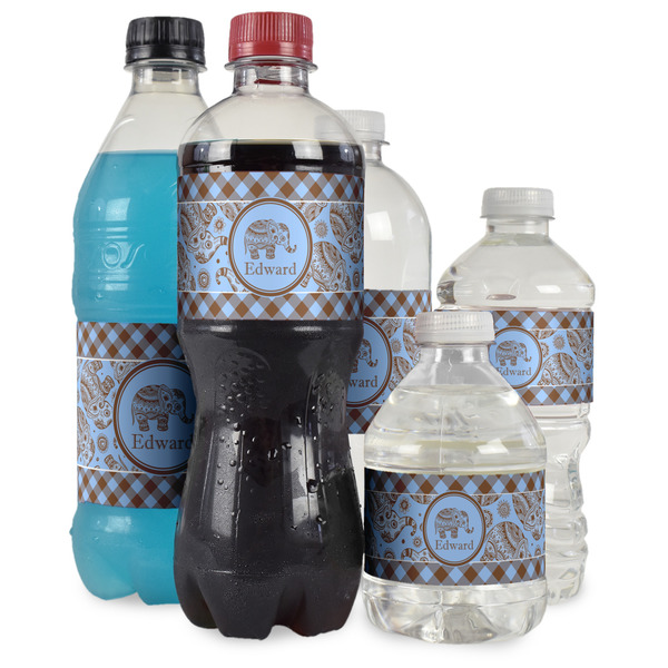 Gingham & Elephants Water Bottle Label - Multiple Bottle Sizes