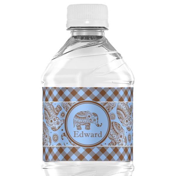 Custom Gingham & Elephants Water Bottle Labels - Custom Sized (Personalized)