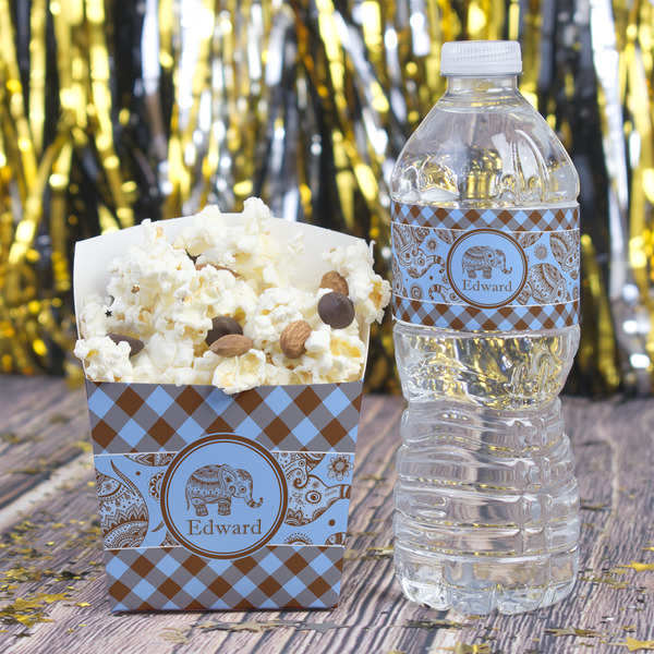 Gingham & Elephants Water Bottle Label - w/ Favor Box