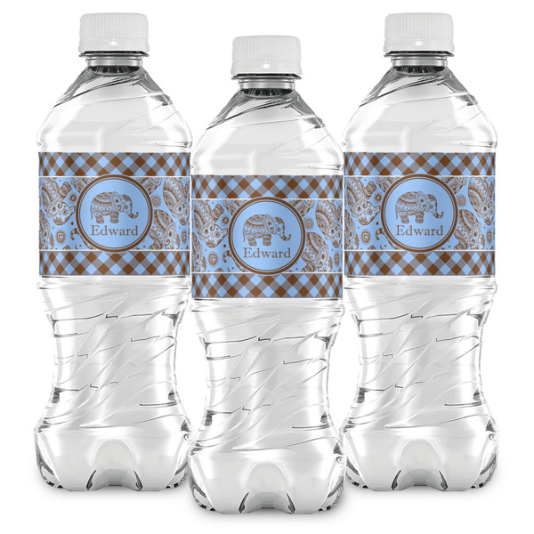 Gingham & Elephants Water Bottle Labels - Front View