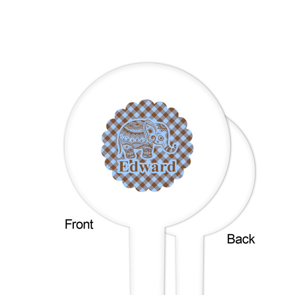 Gingham & Elephants White Plastic 4" Food Pick - Round - Single Sided - Front & Back