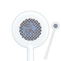 Gingham & Elephants 5.5" Round Plastic Stir Sticks - White - Single Sided (Personalized)