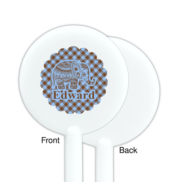 Gingham & Elephants White Plastic 5.5" Stir Stick - Single Sided - Round - Front & Back