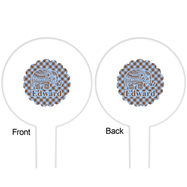 Gingham & Elephants White Plastic 6" Food Pick - Round - Double Sided - Front & Back