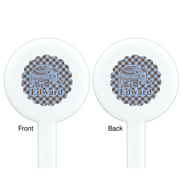 Gingham & Elephants White Plastic 7" Stir Stick - Double Sided - Round - Front & Back