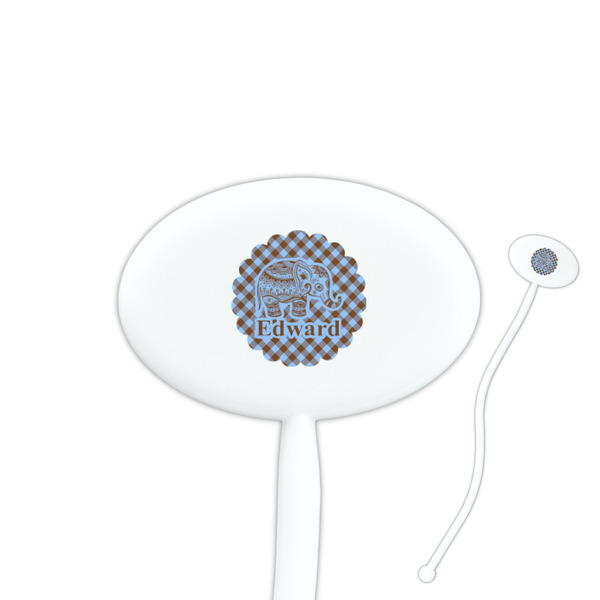 Custom Gingham & Elephants Oval Plastic Stir Sticks (Personalized)