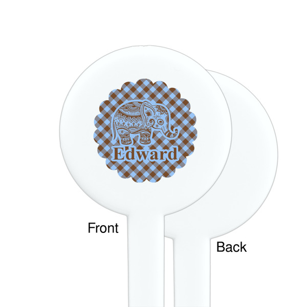 Gingham & Elephants White Plastic 7" Stir Stick - Single Sided - Round - Front & Back