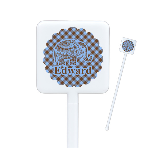 Custom Gingham & Elephants Square Plastic Stir Sticks - Single Sided (Personalized)