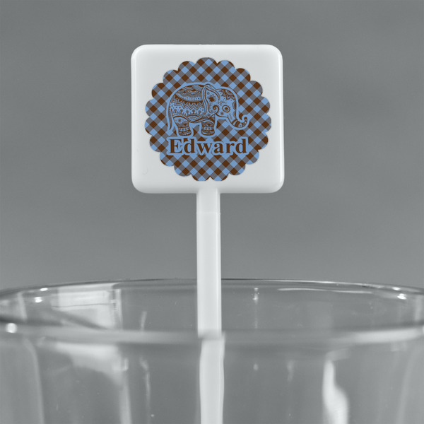 Gingham & Elephants White Plastic Stir Stick - Square - Main