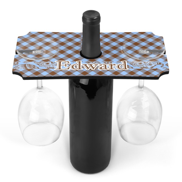 Custom Gingham & Elephants Wine Bottle & Glass Holder (Personalized)