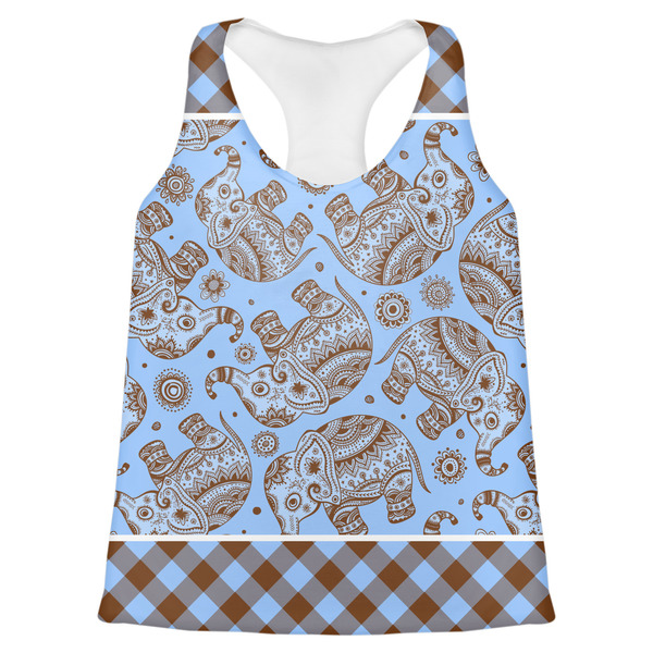 Custom Gingham & Elephants Womens Racerback Tank Top - 2X Large