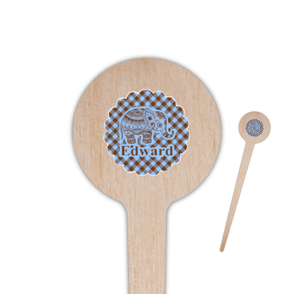 Custom Gingham & Elephants 4" Round Wooden Food Picks - Single Sided (Personalized)