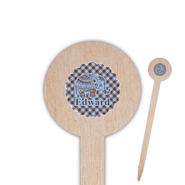 Custom Gingham & Elephants 6" Round Wooden Food Picks - Single Sided (Personalized)