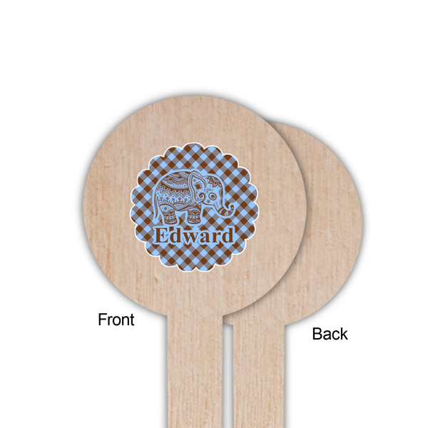 Gingham & Elephants Wooden 6" Food Pick - Round - Single Sided - Front & Back